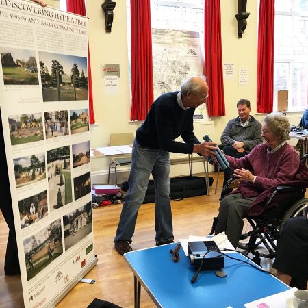 Presentation to Barbara Hall at the unveiling of the second banner publicising the digital archive of the Hyde Abbey 1995-99 digs and the Hyde Abbey Gardens